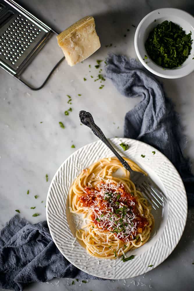 Spaghetti with tomato sauce made from scratch