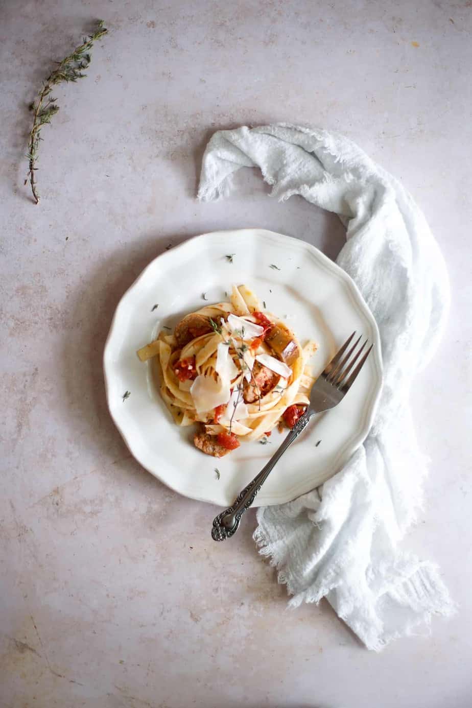 Pasta with eggplant, sweet Italian sausage and tomatoes