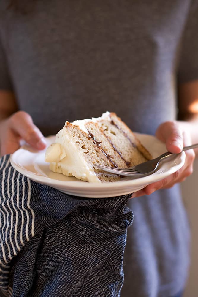 Slice of gluten free banana cake on a plate
